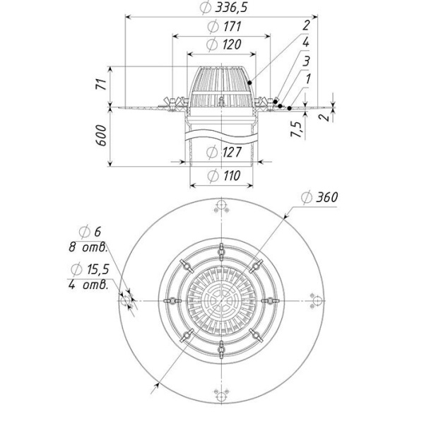 Воронка кровельная ТАТПОЛИМЕР ТП-01.100/6 с прижимным фланцем 110х600 мм