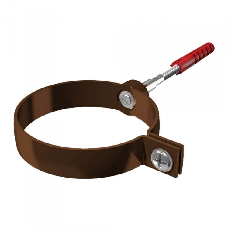 Хомут трубы металлический для ПВХ ТЕХНОНИКОЛЬ 125/82, с дюбелем L=140 мм, коричневый