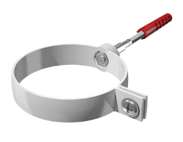 Хомут трубы металлический для ПВХ ТЕХНОНИКОЛЬ 125/82, с дюбелем L=140 мм, белый